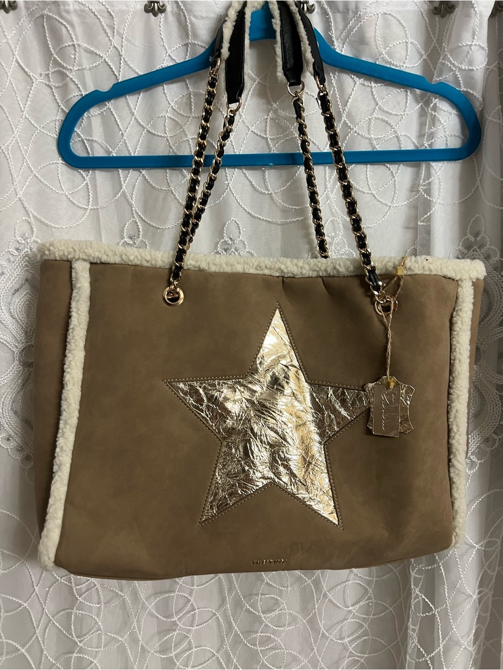 Suede Shearling Tote with Metallic Star - Taupe by Vintage Havana